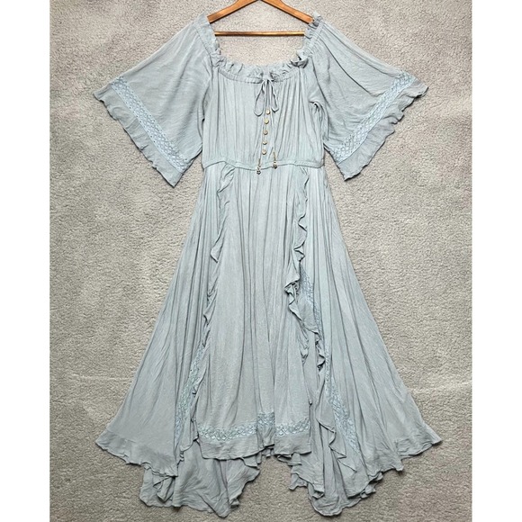 Free People Dresses & Skirts - Free People Midi Dress Women Sz L Lace Off Shoulder Ruffles Ren Faire Ethereal